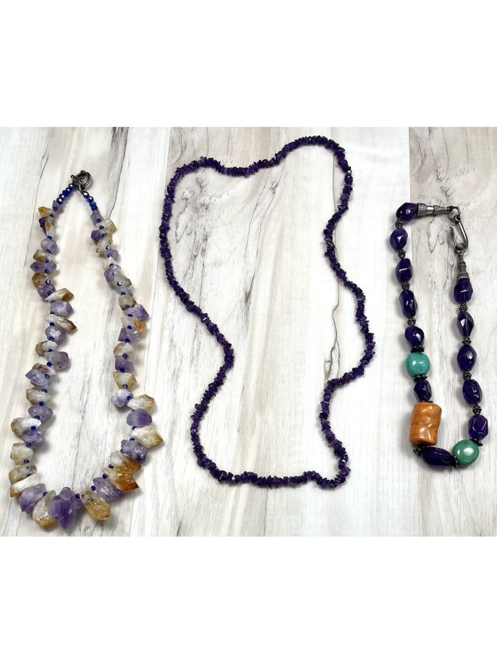Lot 3 Handmade Crystal Chip Stone Beaded Chunky NECKLACES Purple Sterling Silver